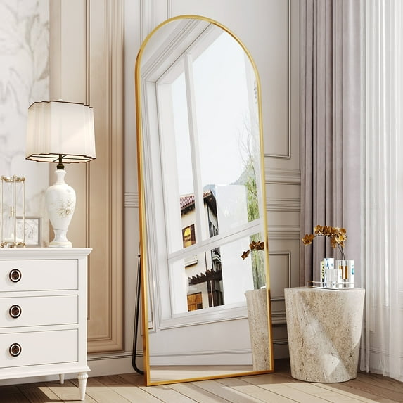 Antok 64"x21" Arched Full Length Mirror with Stand - Gold Frame Standing Floor Mirror, Full Body Mirror, Shatterproof, Freestanding/Wall Mount, for Bedroom, Dressing Room