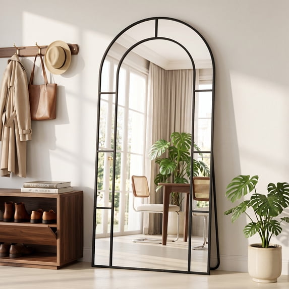 Antok 71"x 32" Arched Full Length Windowpane Mirror Metal Framed Wall Decor Floor Mirror, Black