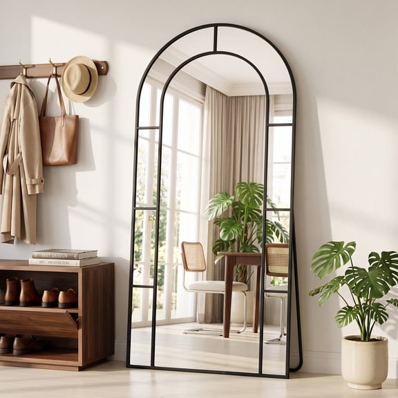 Antok 71"x 32" Arched Full Length Windowpane Mirror Metal Framed Wall Decor Floor Mirror, Black
