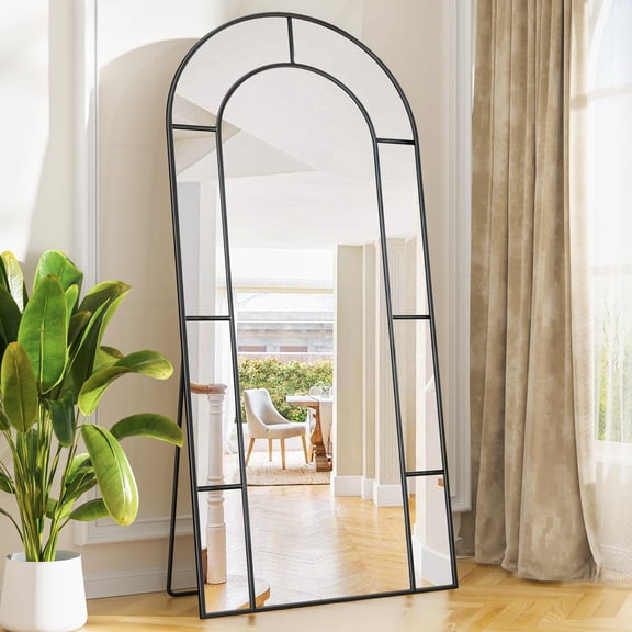 Antok 71"x 32" Arched Full Length Windowpane Mirror Metal Framed Wall Decor Floor Mirror, Black