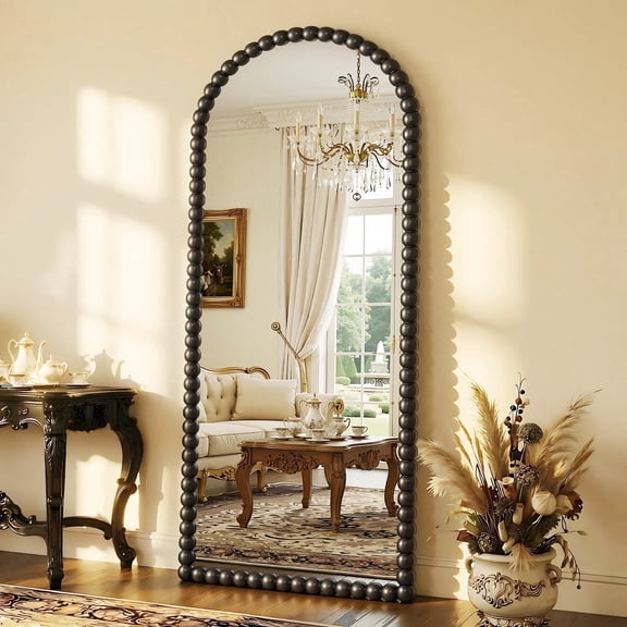 Antok 71"x28" Arched Full Length Mirror, Beaded Metal Frame Floor Mirror, Black