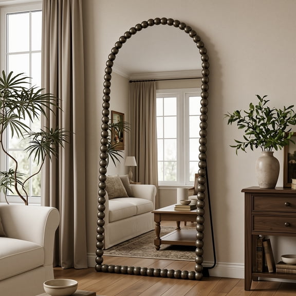 Antok 71"x28" Arched Full Length Mirror, Beaded Metal Frame Floor Mirror, Bronze