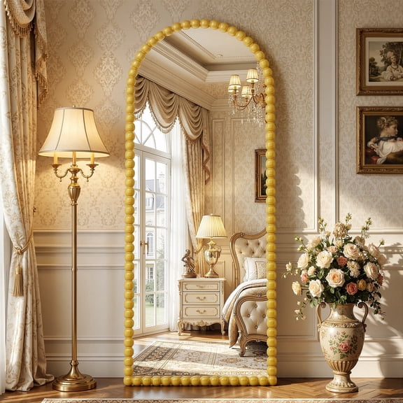 Antok 71"x28" Arched Full Length Mirror, Beaded Metal Frame Floor Mirror, Gold