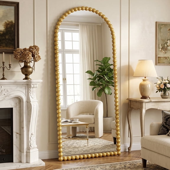 Antok 71"x28" Arched Full Length Mirror, Beaded Metal Frame Floor Mirror, Gold