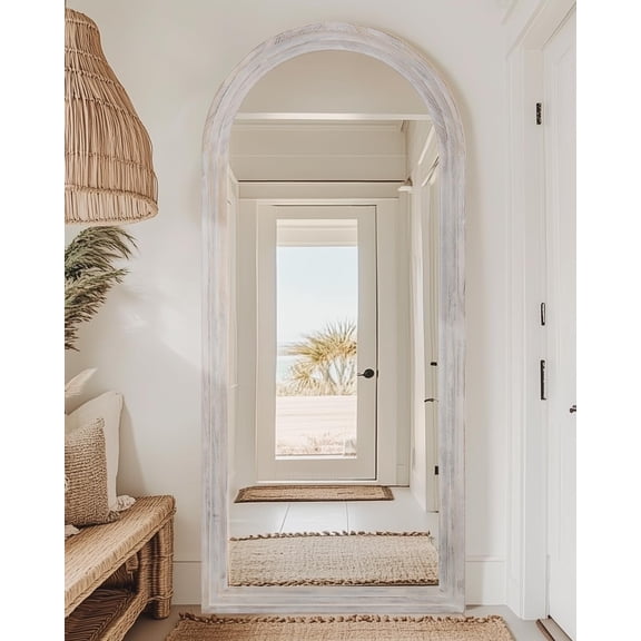Antok 71"x32" Arched Full Length Mirror with Stand, Standing Floor Mirror with Solid Wooden Frame Full Body Mirror, Vintage White