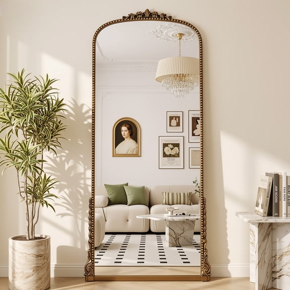 Antok 71"x32" Ornate Arched Full Length Mirror, Vintage Carved Metal Frame Floor Mirror, Gold