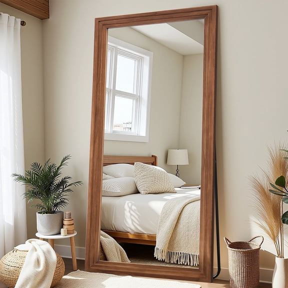 Antok 71"x32" Rectangle Full Length Mirror with Stand, Standing Floor Mirror with Solid Wooden Frame Full Body Mirror, Vintage Brown