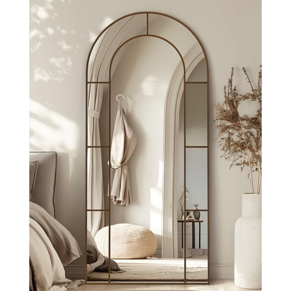 Antok 76"x 34" Arched Full Length Windowpane Mirror Metal Framed Wall Decor Floor Mirror, Bronze