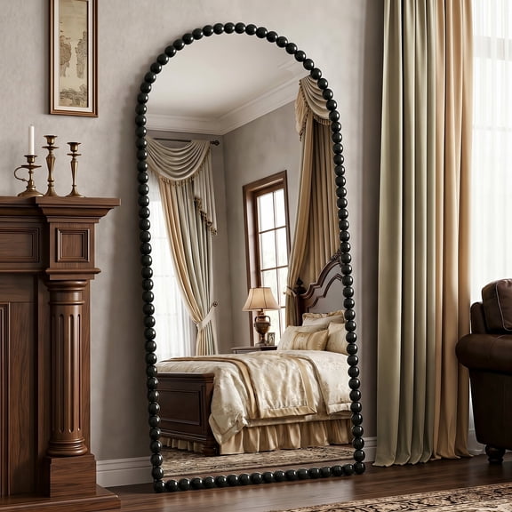 Antok 76"x34" Arched Full Length Mirror, Beaded Metal Frame Floor Mirror, Black