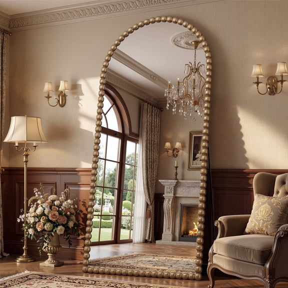 Antok 76"x34" Arched Full Length Mirror, Beaded Metal Frame Floor Mirror, Bronze