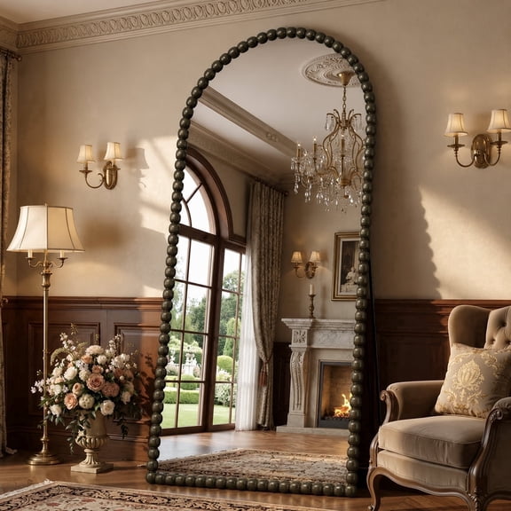 Antok 76"x34" Arched Full Length Mirror, Beaded Metal Frame Floor Mirror, Bronze