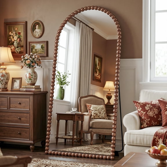 Antok 76"x34" Arched Full Length Mirror, Beaded Metal Frame Floor Mirror, Brown
