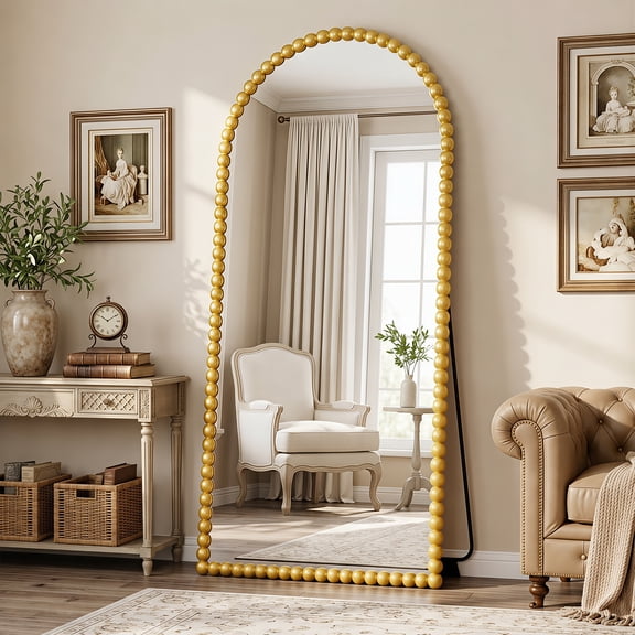 Antok 76"x34" Arched Full Length Mirror, Beaded Metal Frame Floor Mirror, Gold