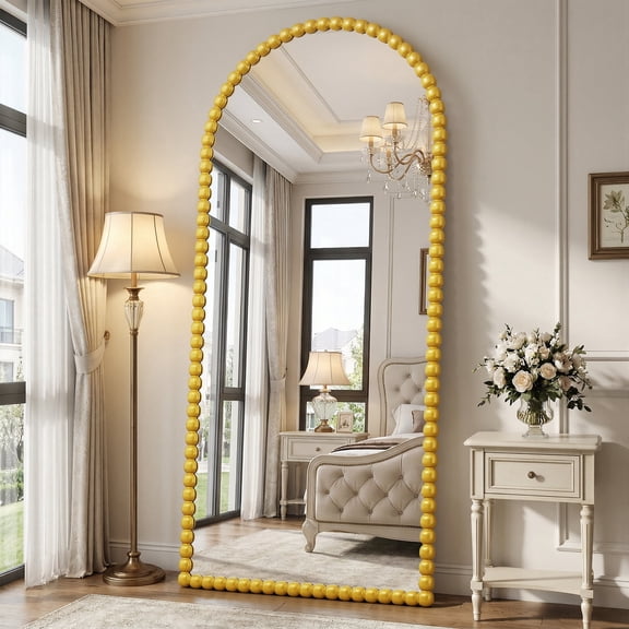 Antok 76"x34" Arched Full Length Mirror, Beaded Metal Frame Floor Mirror, Gold