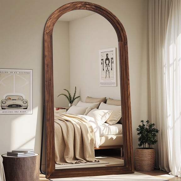 Antok 76"x34" Arched Full Length Mirror with Stand, Standing Floor Mirror with Solid Wooden Frame Full Body Mirror, Vintage Walnut
