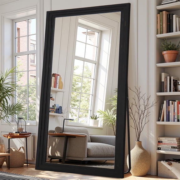Antok 76"x34" Rectangle Full Length Mirror with Stand, Standing Floor Mirror with Solid Wooden Frame Full Body Mirror, Vintage Black
