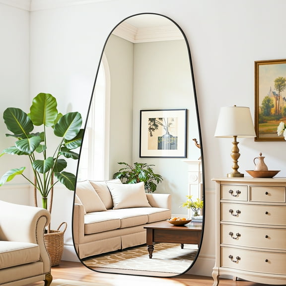 Antok 76"x36" Wavy Full-Length Mirror with Stand - Elegant Floor Mirror, Shatterproof, Freestanding/Wall Mount, for Bedroom, Dressing Room, Reinforced Black Frame