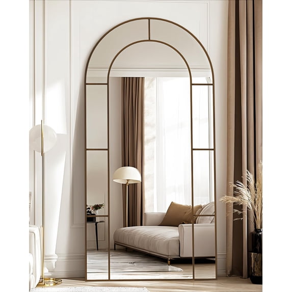 Antok 78"x 38" Arched Full Length Windowpane Mirror Metal Framed Wall Decor Floor Mirror, Bronze