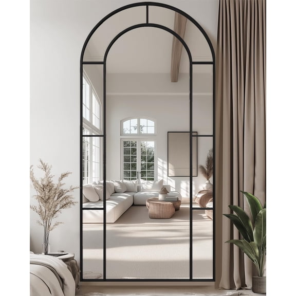 Antok 81"x 41" Arched Full Length Windowpane Mirror Metal Framed Wall Decor Floor Mirror, Black