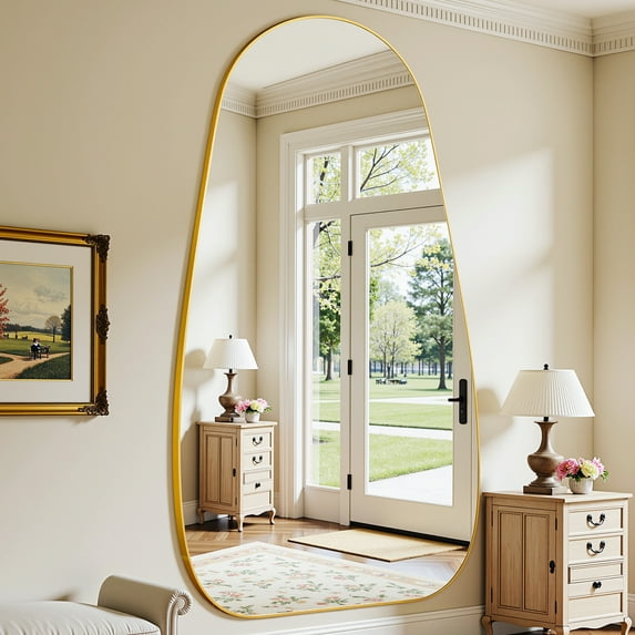 Antok 81"x41" Wavy Full-Length Mirror with Stand - Elegant Floor Mirror, Shatterproof, Freestanding/Wall Mount, for Bedroom, Dressing Room, Reinforced Gold Frame