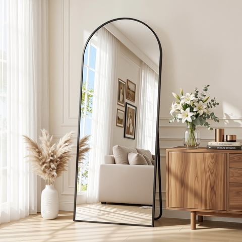 Antok Arched Full Length Mirror 58.3"x18", Standing Floor Mirror with Black Frame, Durable Anti-Shatter Glass, Freestanding/Wall Mountable for Bedroom, Living Room, Dressing Room