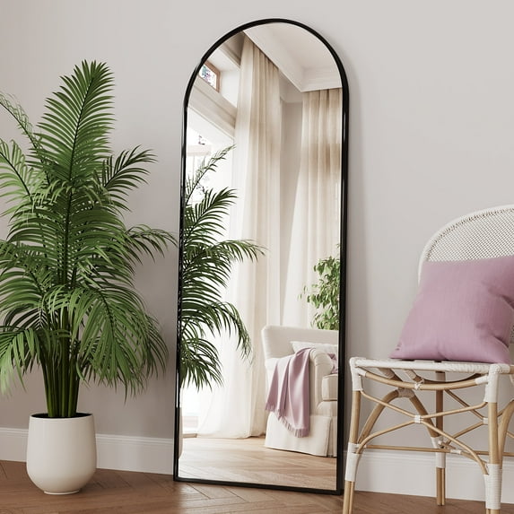 Antok Arched Full Length Mirror 64"x21", Standing Floor Mirror with Black Frame, Durable Anti-Shatter Glass, Freestanding/Wall Mountable for Bedroom, Living Room, Dressing Room