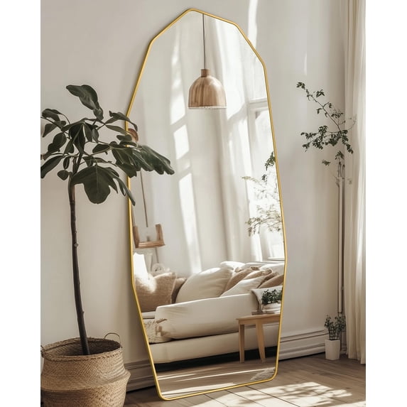 Antok Full Length Mirror 71" x 28" Large Floor Mirror Standing Mirror, Aluminum Wavy Frame, Wall Mounted or Leaning, Decorative for Living Room Bedroom Entryway, Gold