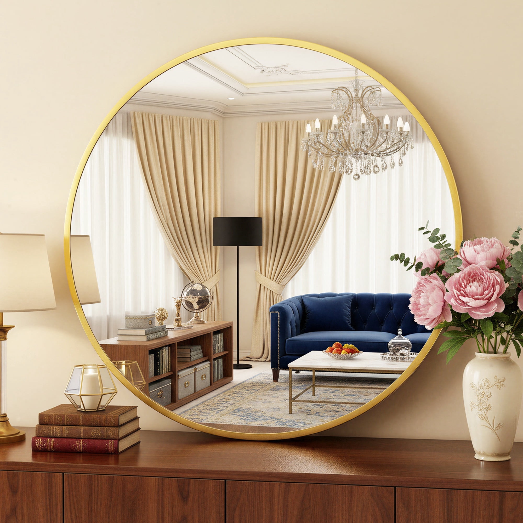 Antok 24" Round Wall Mirror - Modern Aluminum Frame Bathroom Vanity ...