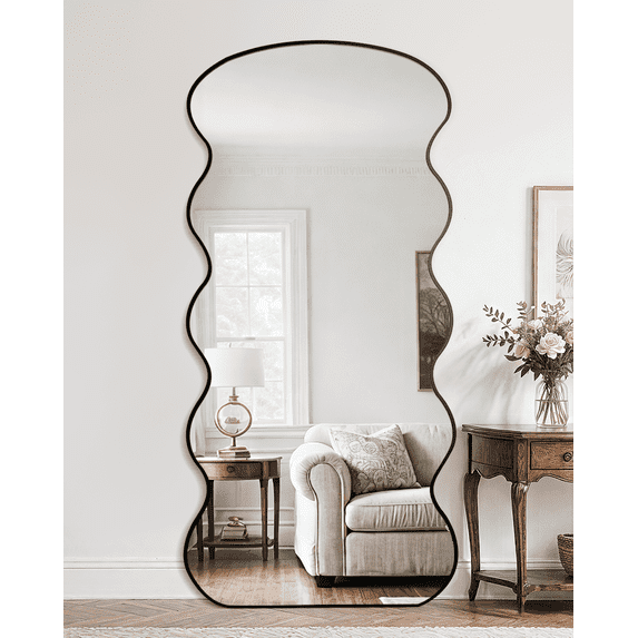 Antok Full Length Mirror 71"x32" Wavy Mirror Oversized Floor Mirror with Stand Large Squiggly Standing Mirror Black Aluminum Frame