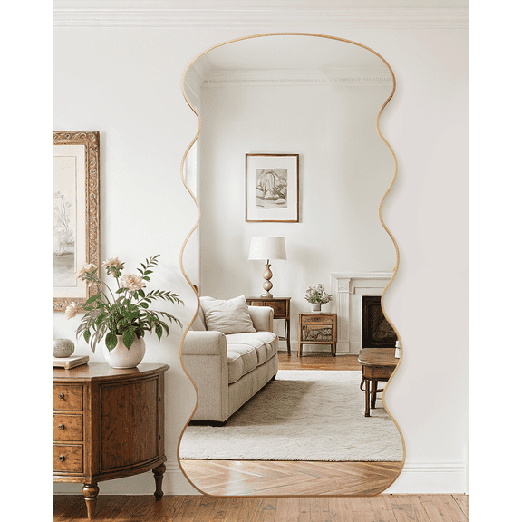 Antok Full Length Mirror 71"x32" Wavy Mirror Oversized Floor Mirror with Stand Large Squiggly Standing Mirror Gold Aluminum Frame