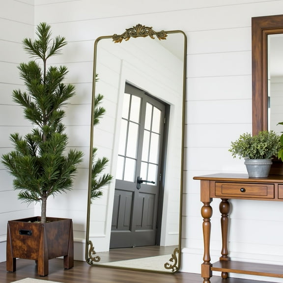 Antok Retro 58" x 18" Full-Length Mirror with Carved Metal Frame, Baroque-Style Floor Mirror for Living Room, Bedroom, Entryway or Hallway, Luxury Bronze