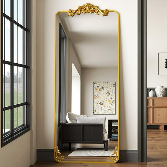 Antok Retro 64" x 21" Full-Length Mirror with Carved Metal Frame, Baroque-Style Floor Mirror for Living Room, Bedroom, Entryway or Hallway, Luxury Gold