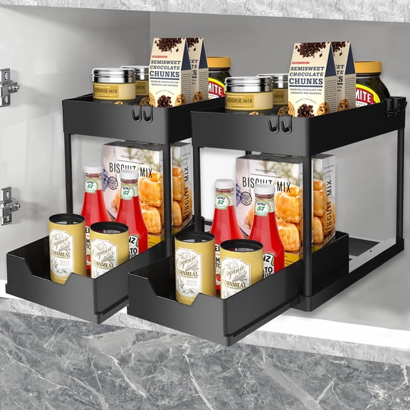 Antom 2-Tier Under Sink Organizer with Sliding Shelf, Multi-Purpose Under Cabinet Basket for Bathroom Kitchen(Black-2 Pack)