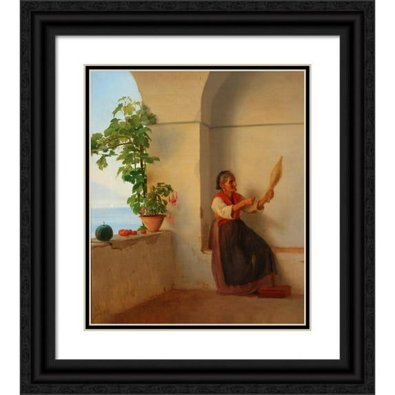 Anton Dorph 20x23 Black Ornate Framed Double Matted Museum Art Print Titled: Old Wife with a Ten Sitting in an Italian Loggia (1860)