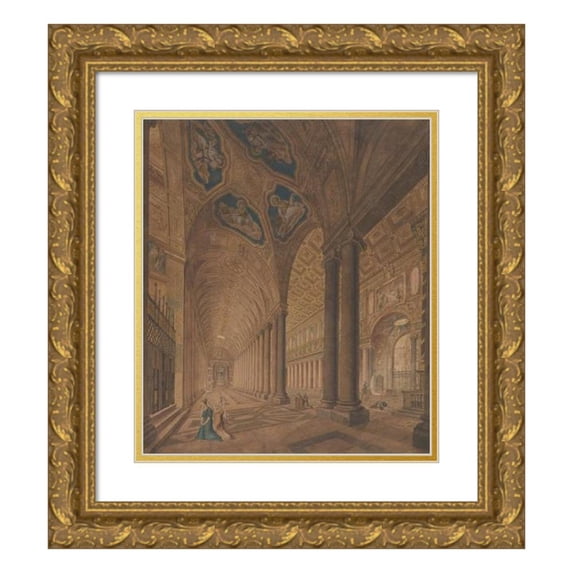 Anton Hallmann 12x14 Gold Ornate Wood Frame and Double Matted Museum Art Print Titled - Interior View of the Basilica of Santa Maria Maggiore, Rome (1833)