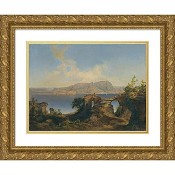 Anton Hansch 14x12 Gold Ornate Wood Frame and Double Matted Museum Art Print Titled - View of Lake Garda (Lake Garda) (1844)