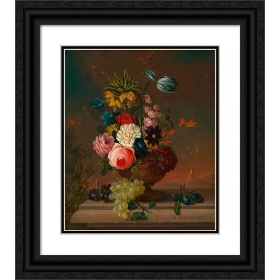 Anton Hartinger 15x17 Black Ornate Wood Framed Double Matted Museum Art Print Titled - Flower Still Life with Fruit (Around 1850)