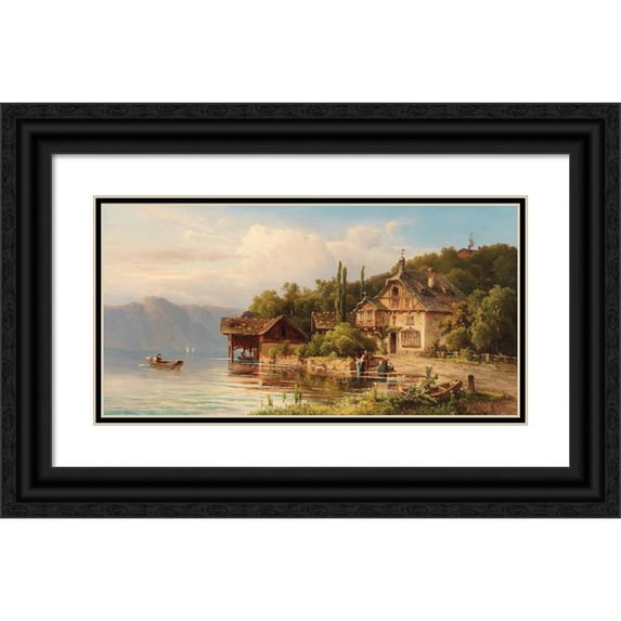 Anton Hugo Ullik 18x11 Black Ornate Wood Framed Double Matted Museum Art Print Titled - Washerwomen on the Lake Shore