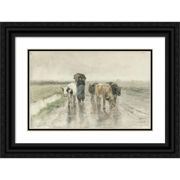Anton Mauve 24x17 Black Ornate Framed Double Matted Museum Art Print Titled: A Herdess with Cows on a Country Road in the Rain (1848 - 1888)