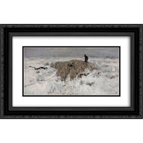 Anton Mauve 2x Matted 24x16 Black Ornate Framed Art Print 'Flock of sheep with shepherd in the snow'