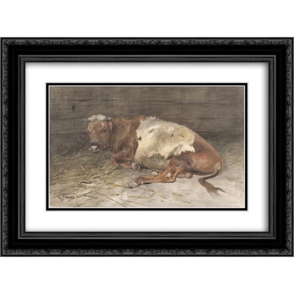 Anton Mauve 2x Matted 24x20 Black Ornate Framed Art Print 'Liggende jonge stier'