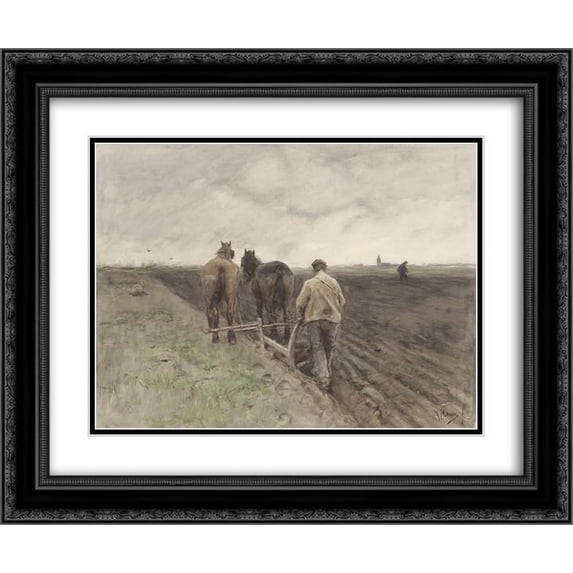 Anton Mauve 2x Matted 24x20 Black Ornate Framed Art Print 'Ploegende boer'