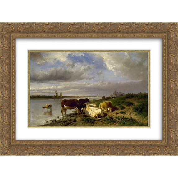 Anton Mauve 2x Matted 24x20 Gold Ornate Framed Art Print 'Landscape with Cattle'