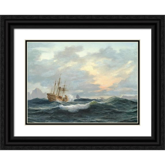 Anton Melbye 18x14 Black Ornate Wood Framed Double Matted Museum Art Print Titled - A Steamer and Other Ships on the Sea (1845)