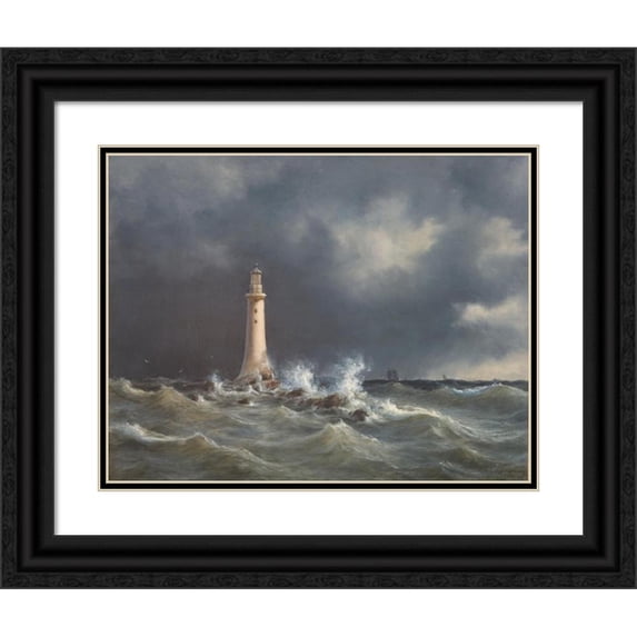 Anton Melbye 18x15 Black Ornate Wood Framed Double Matted Museum Art Print Titled - Eddystone Lighthouse (1846)