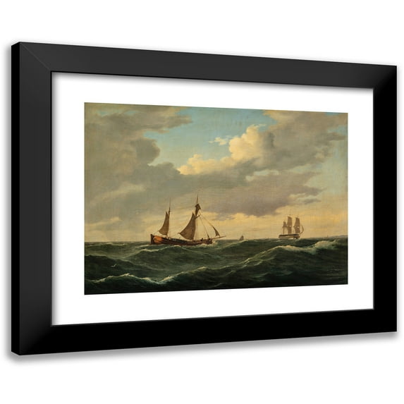 Anton Melbye 24x18 Black Modern Framed Museum Art Print Titled - Dutch Koff and Ship of the Line in a Moderate Breeze (1840)