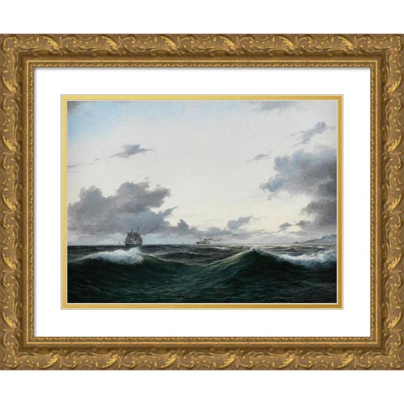Anton Melbye 24x19 Gold Ornate Framed and Double Matted Museum Art Print Titled - Sailing Ship and Sailed Steamer at Sea off a Coast (1844)