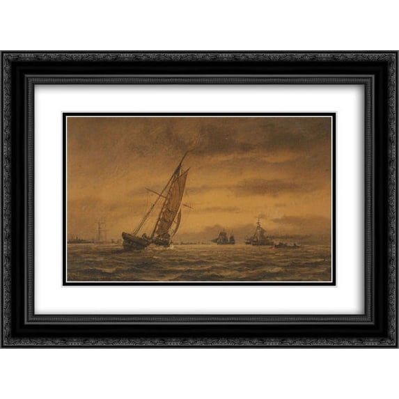 Anton Melbye 2x Matted 24x20 Black Ornate Framed Art Print 'Numerous sailing ships at sea'