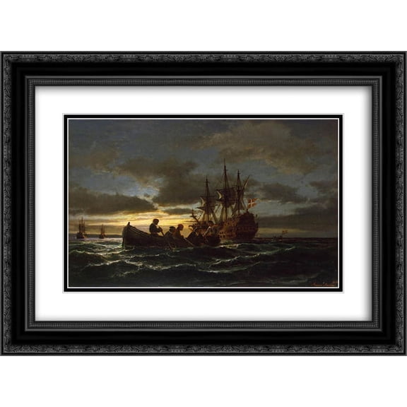 Anton Melbye 2x Matted 24x20 Black Ornate Framed Art Print 'Sea at Night'