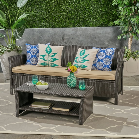 Anton Outdoor 3-Seater Wicker Sofa with Coffee Table, Brown, Tan